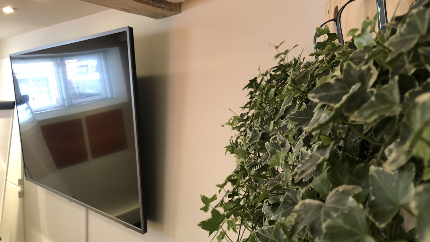 Skærmen på 65" i møderummet kan enten bruges til præsentationer eller du kan have dine kollegaer med online